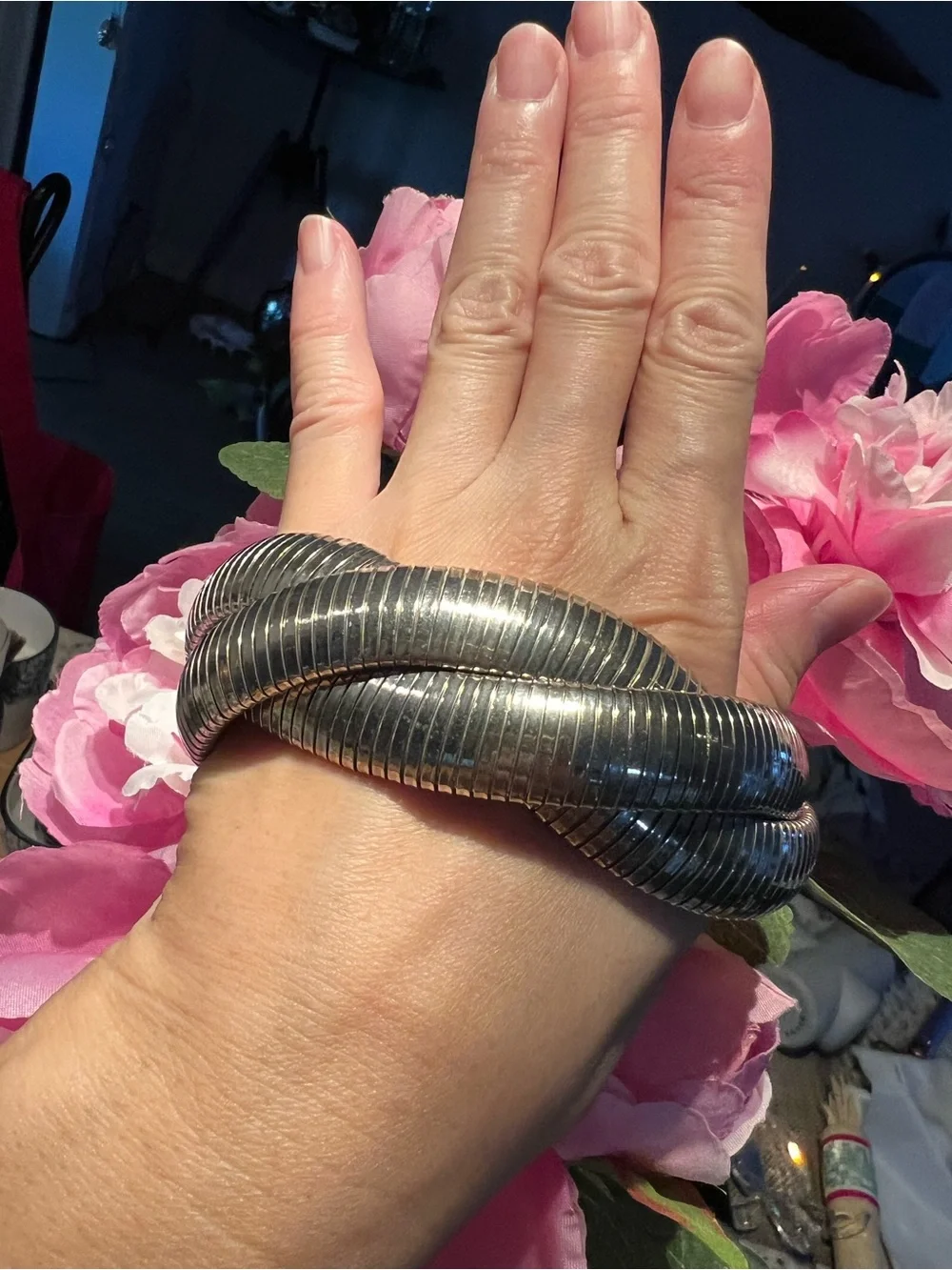 Silver Tone Flexible Intertwined Snakey look Wrap Bracelet